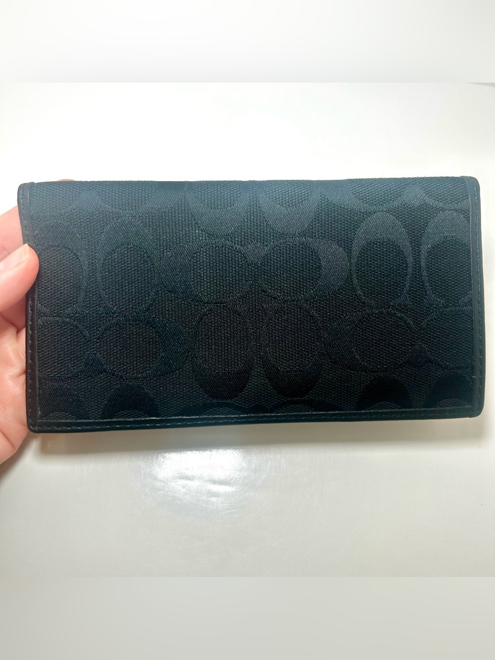 Coach Two Fold Casual Black Signature Pattern Long Wallet, Check Book Cover EUC
